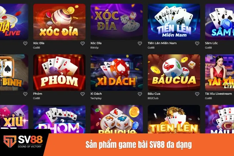 Sản phẩm game bài SV88 đa dạng